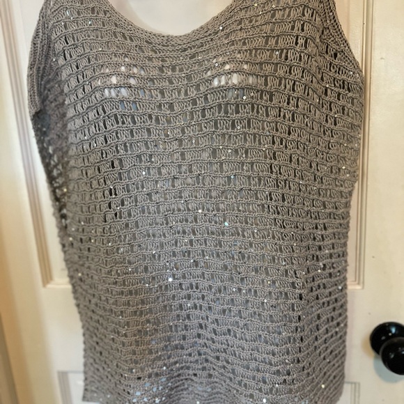 EILEEN FISHER Natural Oatmeal Beige Crochet Cap-Sleeve Sequin Sweater size med. - Picture 12 of 13